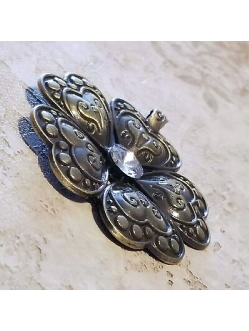 Art Deco Carved Heart Flower Statement Pendant Antiqued Brass Rhinestone 65mm